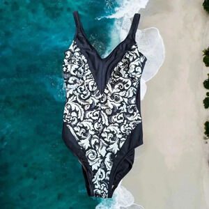Vintage 80s Slim-Alure Black White Floral One Piece Swimsuit L